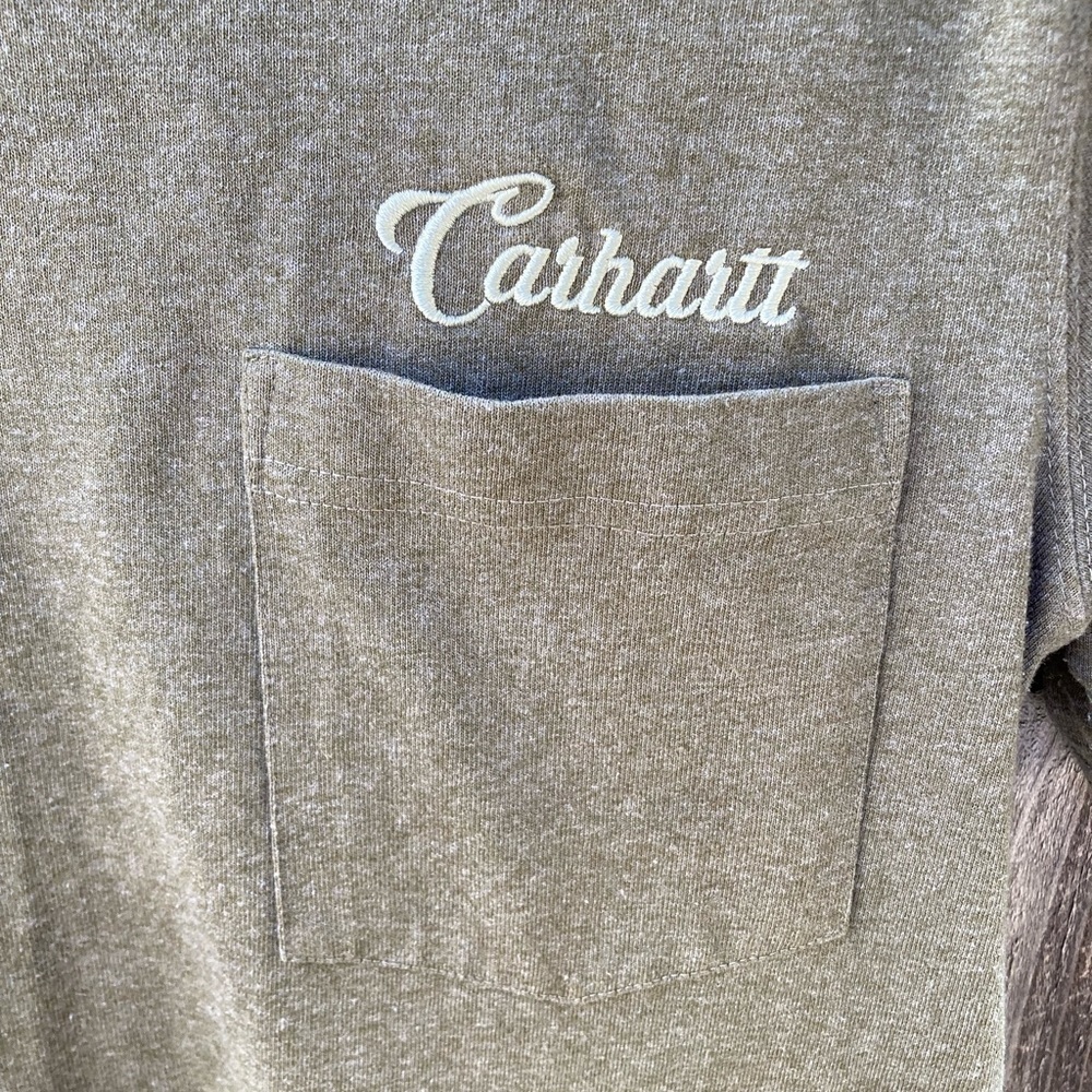 Women's Carhartt T-Shirt Green Spell-Out Cursive S Crew Cotton Pocket Cursive - Picture 3 of 12